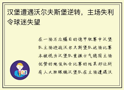汉堡遭遇沃尔夫斯堡逆转，主场失利令球迷失望