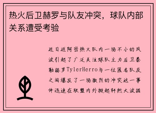 热火后卫赫罗与队友冲突，球队内部关系遭受考验