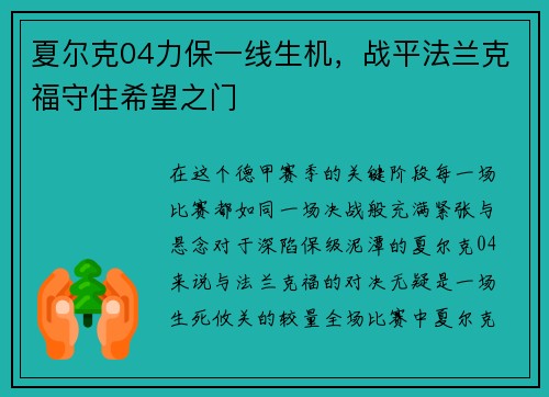 夏尔克04力保一线生机，战平法兰克福守住希望之门